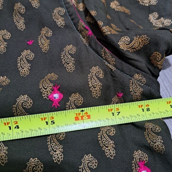 Fusion Printed Cultural Boho Tiered Paisley Midi Dress Olive/Pink Medium NWT - Picture 8 of 14